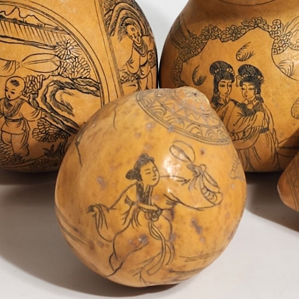 Handcrafted Etched Calabash Gourds Chinese Lanzhou Intricate Calligraphy Vintage - Picture 4 of 12